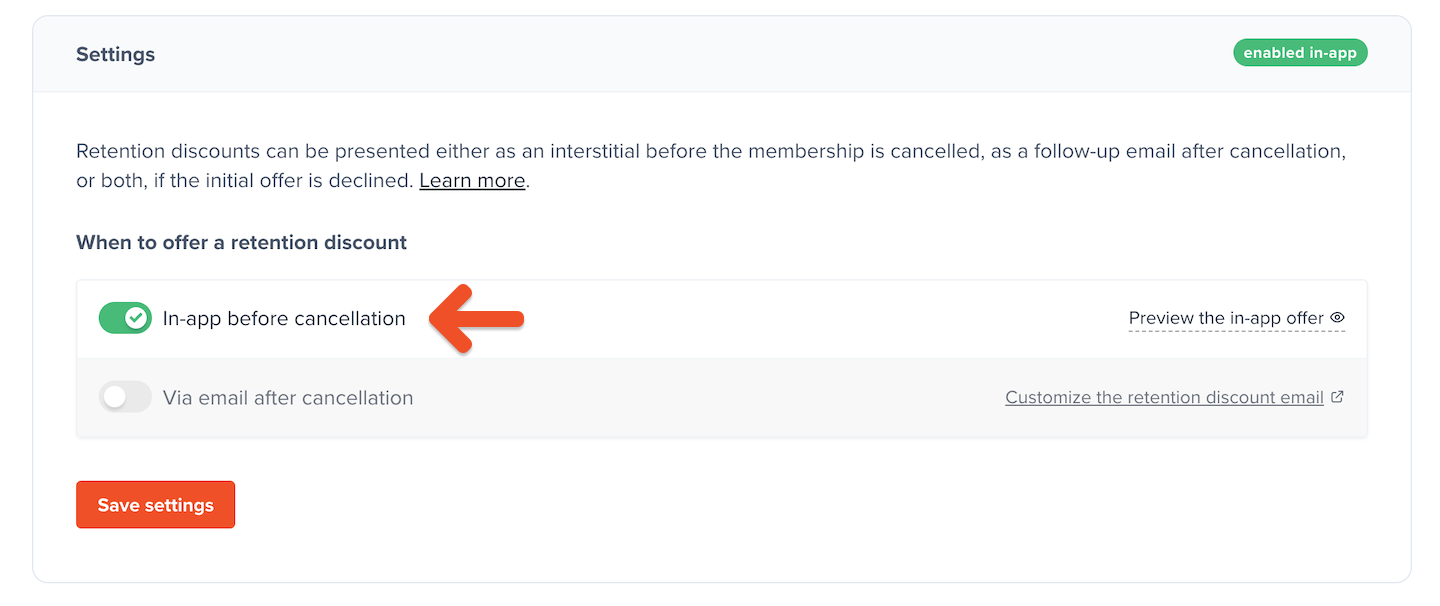 Enable in-app retention discounts